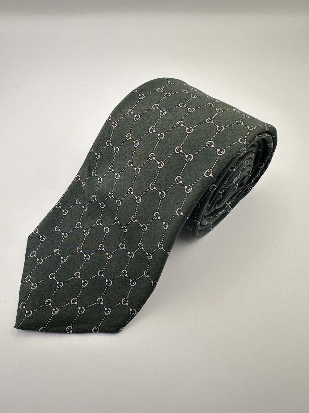 Lanvin Paris Dark Green Equestrian Chain Print Silk Tie – Classic French Design